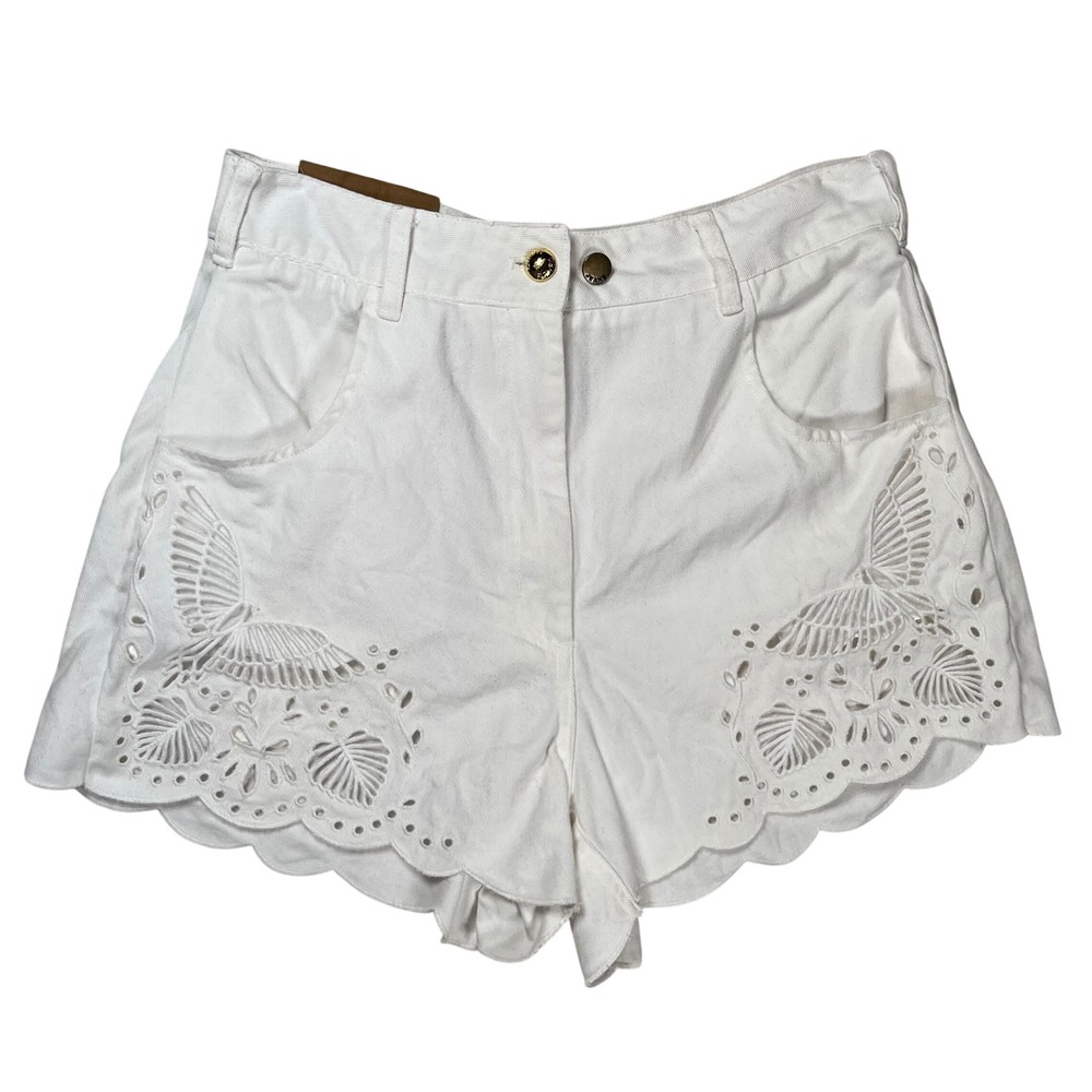 Farm Rio Richelieu Embroidered Shorts Women 31 White Eyelet Scalloped Hem